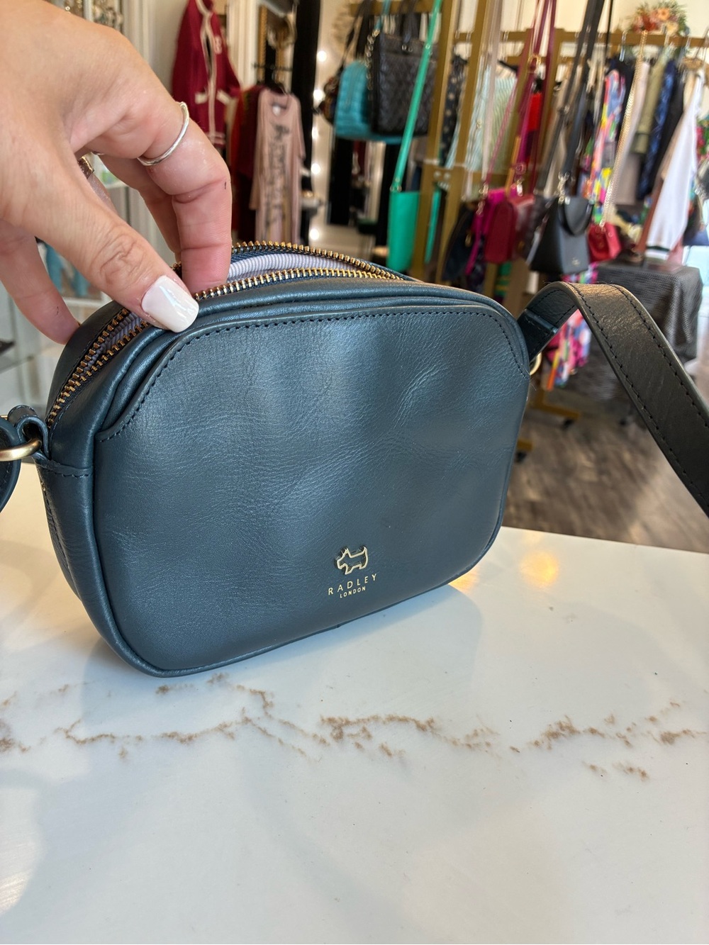 RADLEY LONDON Dark Teal Leather Crossbody Bag with Gold Logo